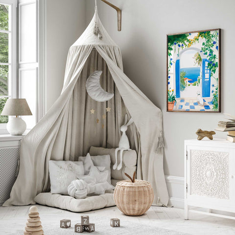 Tranquil coastal home watercolor with dog

