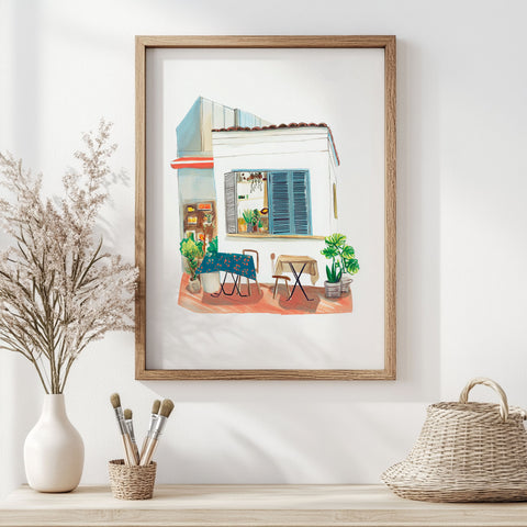 Travel-themed watercolor print of quaint Japanese café


