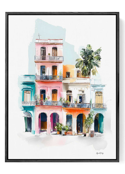 Tropical Caribbean cityscape watercolor illustration with wrought iron balconies and palm fronds