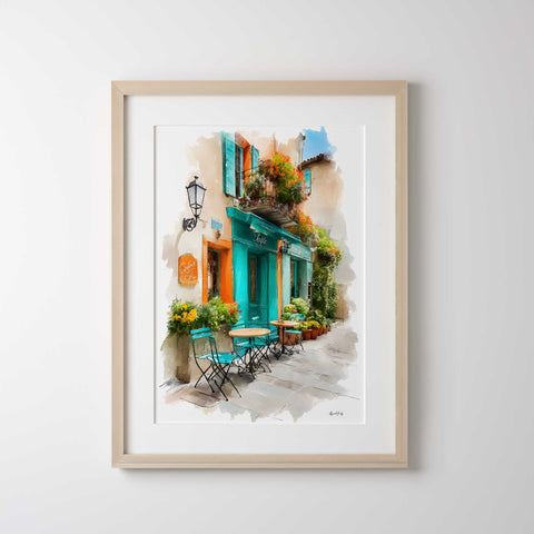 Turquoise café street travel inspired artwork