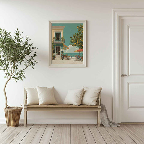 Turquoise sea and lemon tree wall decor poster for kitchen, hallway, or gallery wall styling