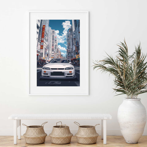 Urban Japanese Landscape Art Print featuring a white Nissan Skyline R33