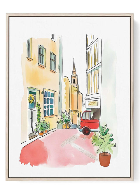 Urban alleyway with red vehicle print

