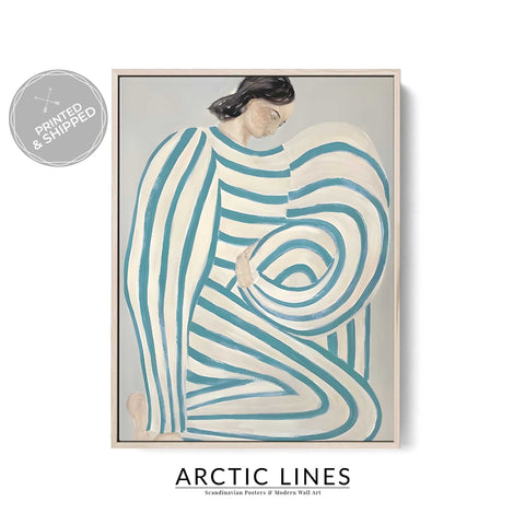 Vertical teal line art woman print