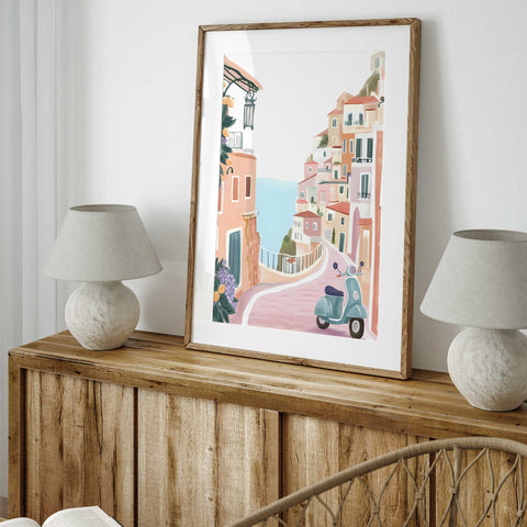 Vespa on pink stone road overlooking Mediterranean in watercolor

