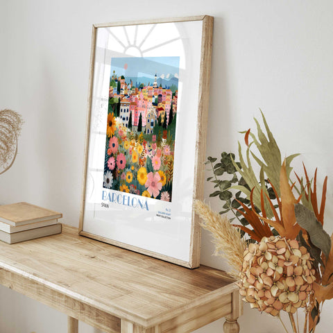 Vibrant Barcelona city and flower poster