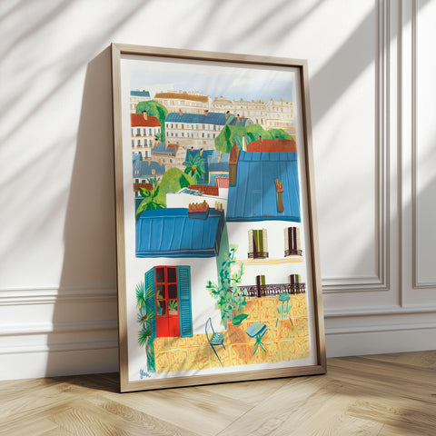 Vibrant Cityscape Poster – Handmade Rooftop Reproduction
