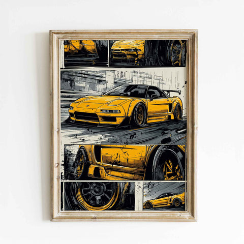 Vibrant Honda NSX poster featuring bold ink lines and speed graphics