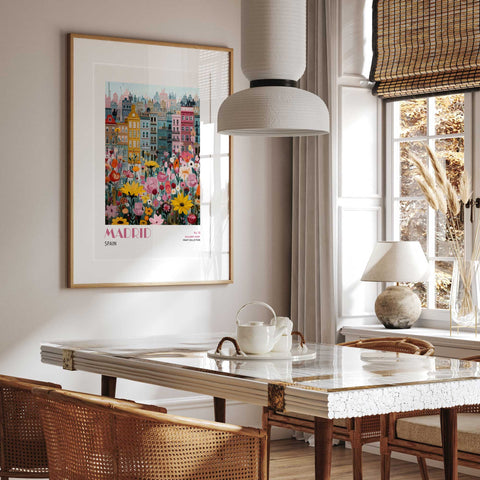 Vibrant Madrid building and flower poster