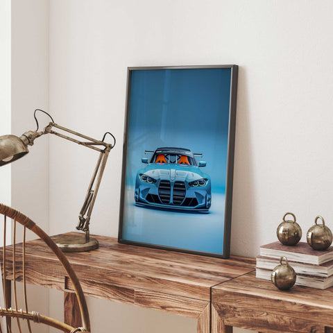 Vibrant blue BMW M3 car poster for automotive enthusiasts