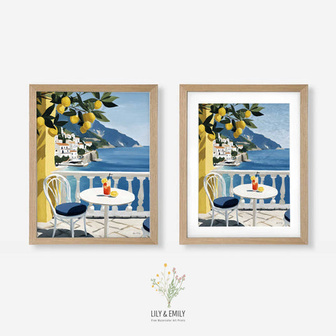Vibrant blue Mediterranean sea wall decor poster with lemon tree branches in foreground