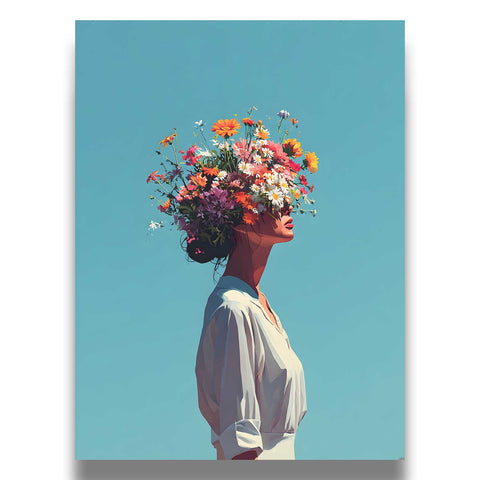 Vibrant blue, pink, and orange color palette in a sophisticated portrait print.