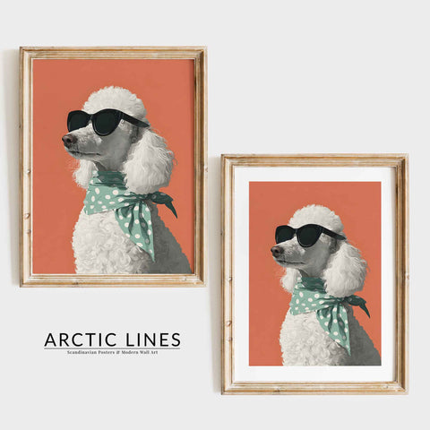 Vibrant coral and white color scheme in a sophisticated canine art print.