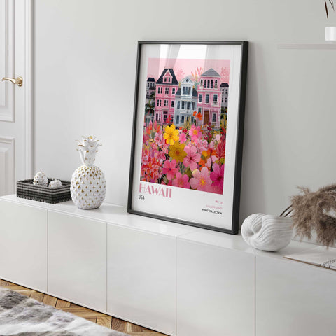 Vibrant floral print pink architecture artwork