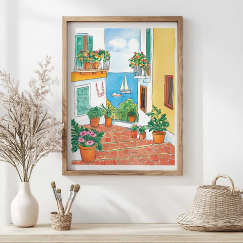 Vibrant flower pots and blue water in watercolor scene

