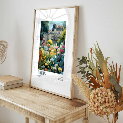 Vibrant garden cityscape artwork