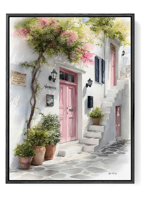 Vibrant pink bougainvillea flowers poster featuring white building and stairs