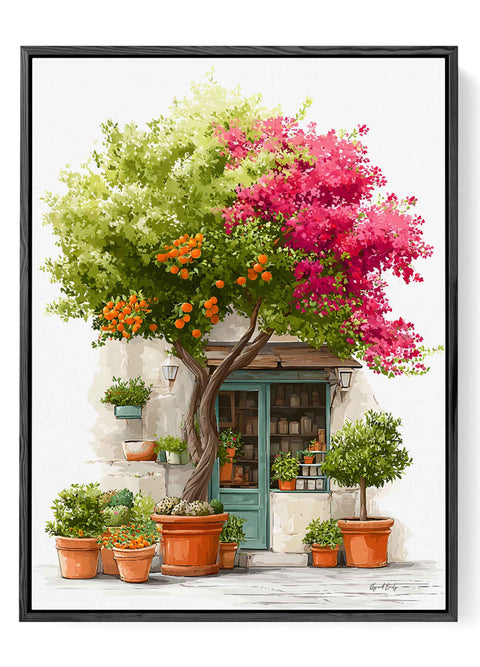 Vibrant pink bougainvillea poster featuring rustic terracotta pots on street