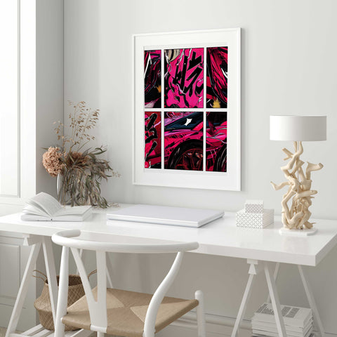 Vibrant pink supercar wall art featuring manga style panels