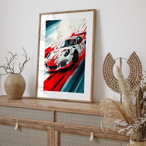 Vibrant red Porsche 911 GT3 RS art print for garage decor