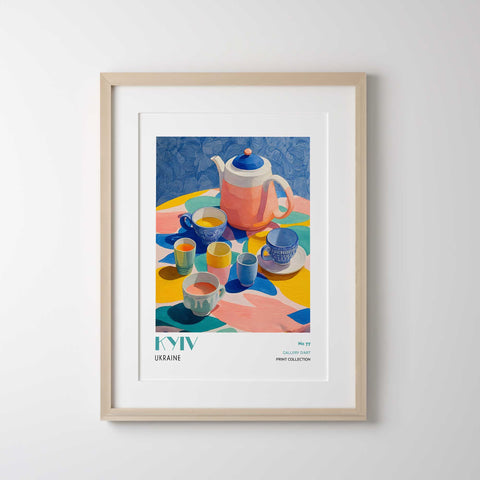 Vibrant table still life artwork with cups