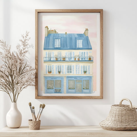 Vibrant travel-inspired art print of southern Italy architecture

