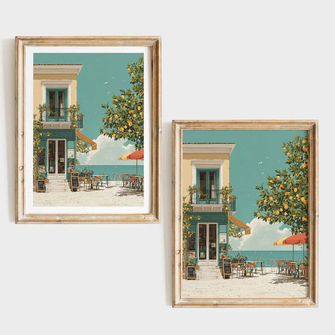 Vibrant turquoise blue and yellow lemon grove wall decor poster from Lily and Emily Fine Art