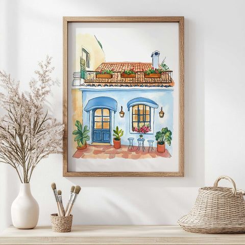 Vibrant watercolor print of flower-filled balcony and patio decor

