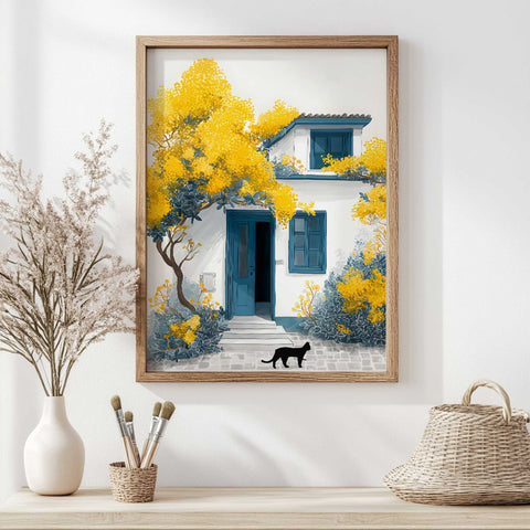 Vibrant watercolor print with cat and yellow blooms

