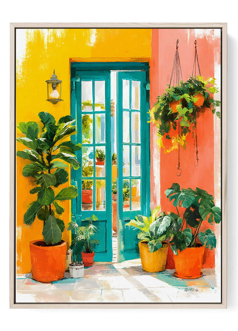 Vibrant yellow and coral patio art print featuring turquoise French doors and potted plants
