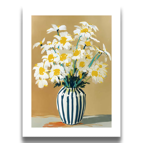 Vibrant yellow and white floral art print with a warm neutral background.