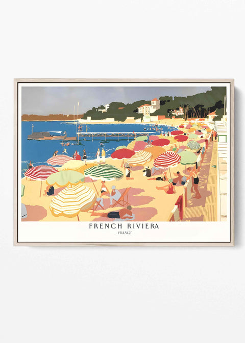 Vintage Côte d’Azur beach illustration with retro summer sunbathers on golden sand
