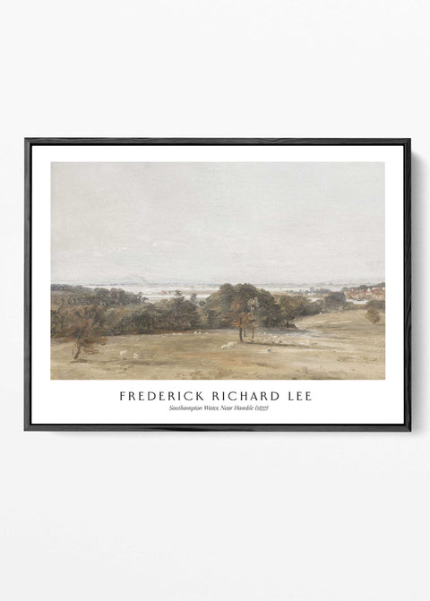 Vintage English countryside painting featuring river and distant village