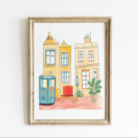 Vintage cityscape watercolor decor