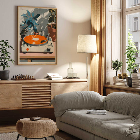 Vintage record player plants shadow print