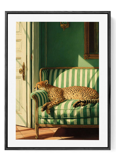 Vintage style animal painting featuring a cheetah in a sophisticated interior.