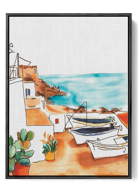 Coastal Boats and Cactus Watercolor Print