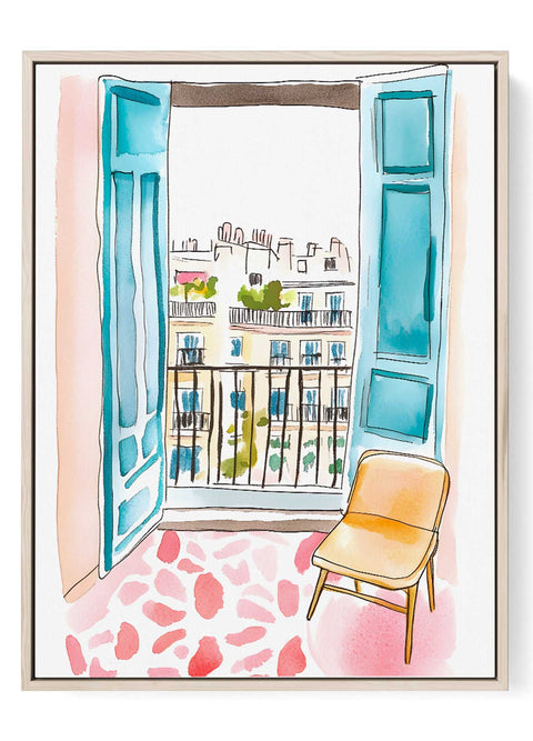 Open Balcony View Watercolor Print – Paris Apartment Art