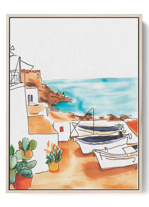 Coastal Boats and Cactus Watercolor Print