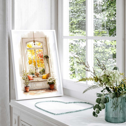 Warm autumn leaves viewed from window artwork