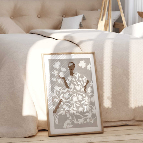 Warm beige and white floral fashion art print for living room wall decor
