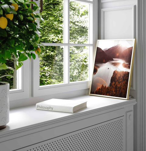 Warm golden forest and lake photography for living room wall decor.