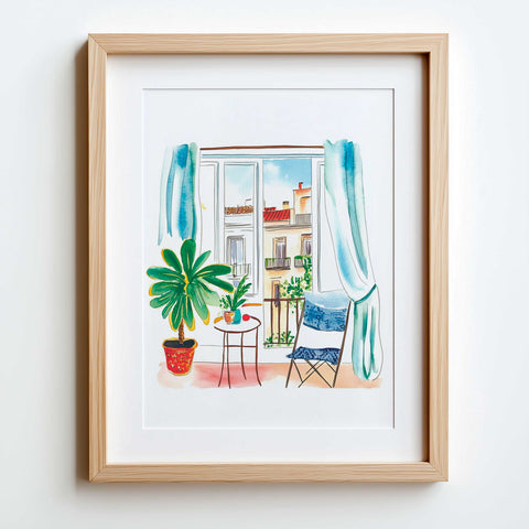 Watercolor Balcony Scene – Madrid Rooftop Art
