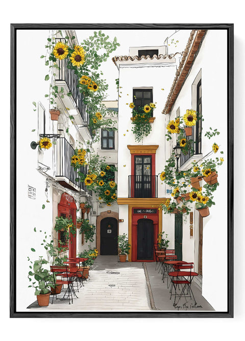 Watercolor alleyway with sunflowers decor

