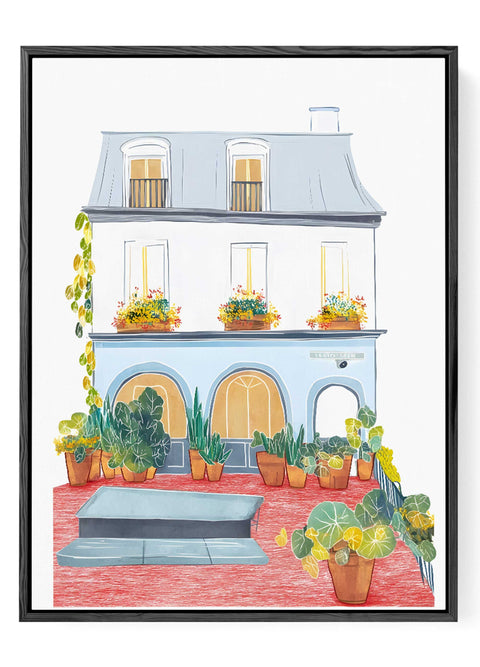 Watercolor art featuring Paris house with urban garden charm

