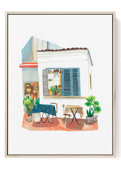 Watercolor art of Japanese café with potted plants and blue shutters


