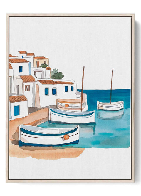 Watercolor art of Mediterranean boats and sea

