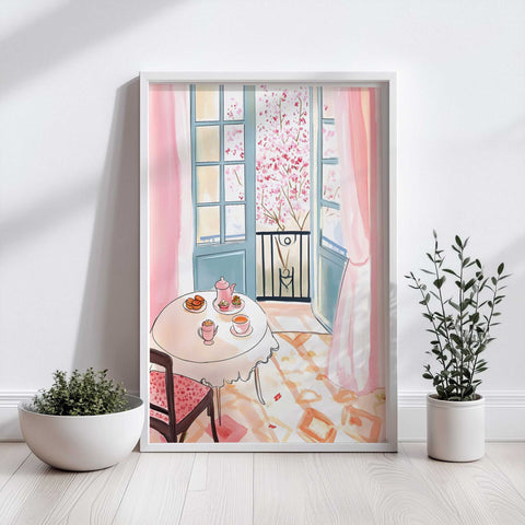 Watercolor art of Parisian window view with cherry blossoms


