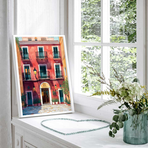 Watercolor art of a charming inn facade