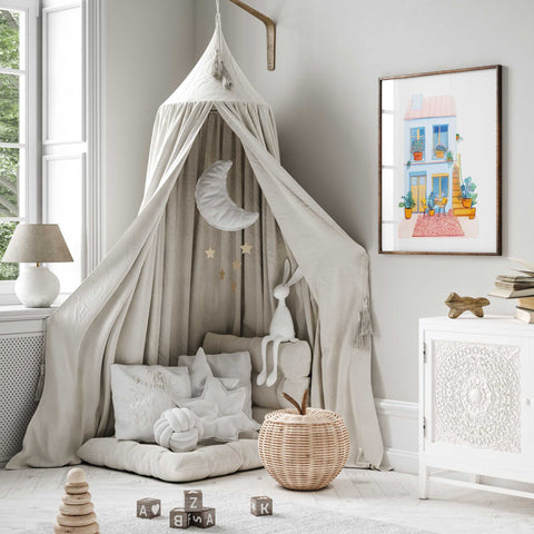 Watercolor art of pastel house with blooming potted plants

